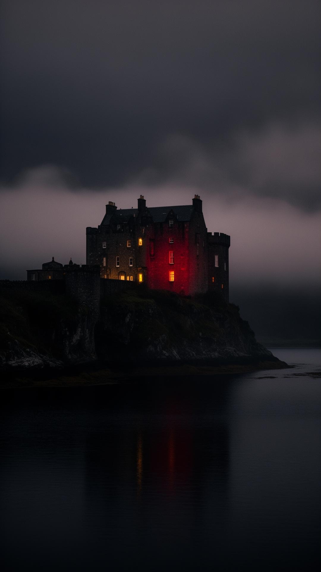A moody Scottish castle silhouetted against a misty twilight sky